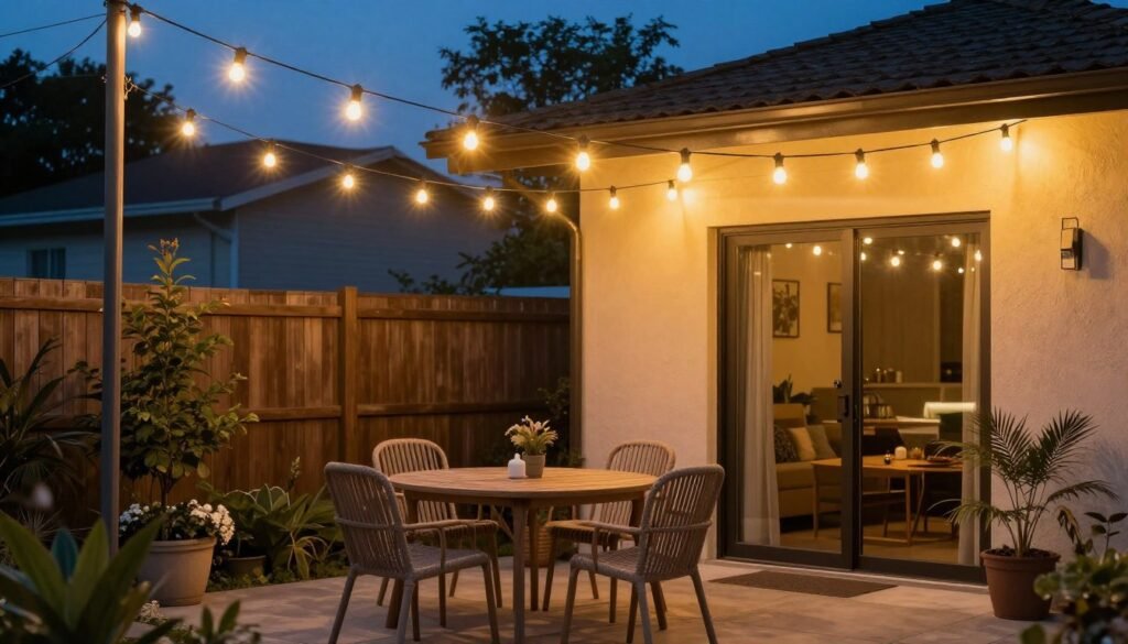 Small back patio with string lights creating a cozy evening atmosphere Small back patio with string lights creating a cozy evening atmosphere