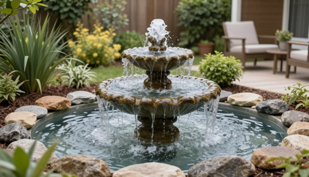 Small backyard fountain creating a peaceful focal point with the sound of flowing water
