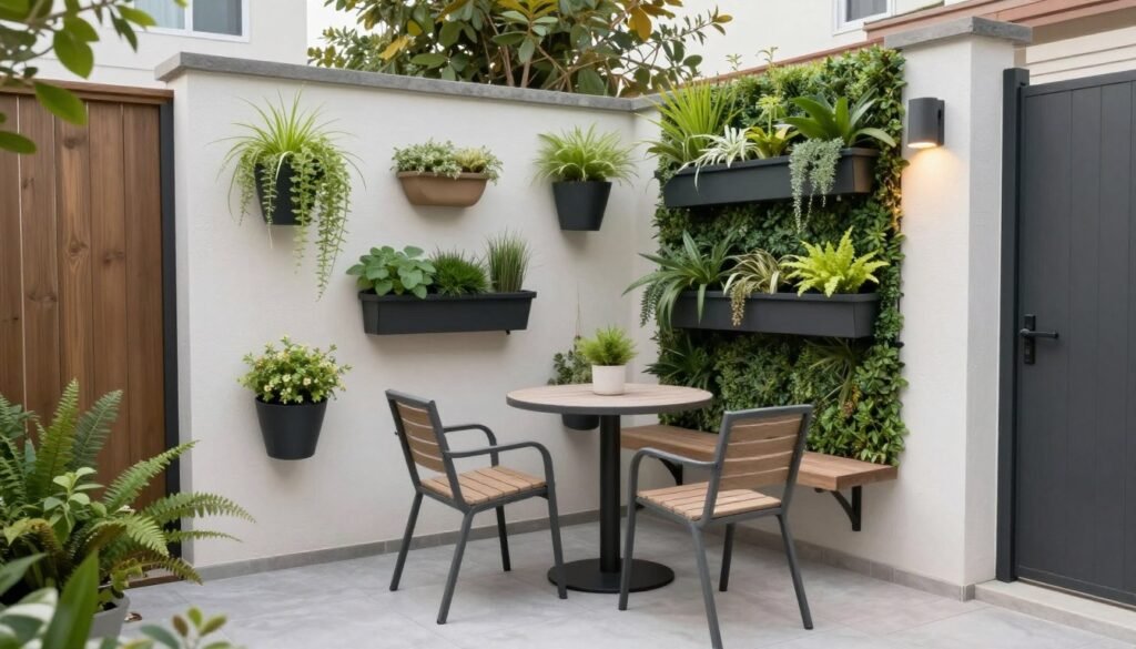 Small backyard patio with vertical gardening elements, wall-mounted features, and compact furniture creating a functional small space