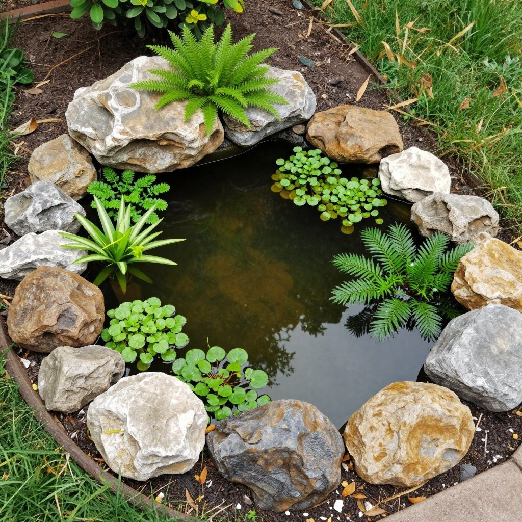 Small backyard pond with rocks and water plants