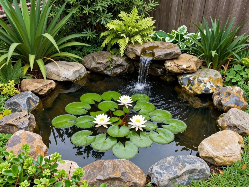 Small backyard pond with water lilies, surrounding plants, and a gentle waterfall feature