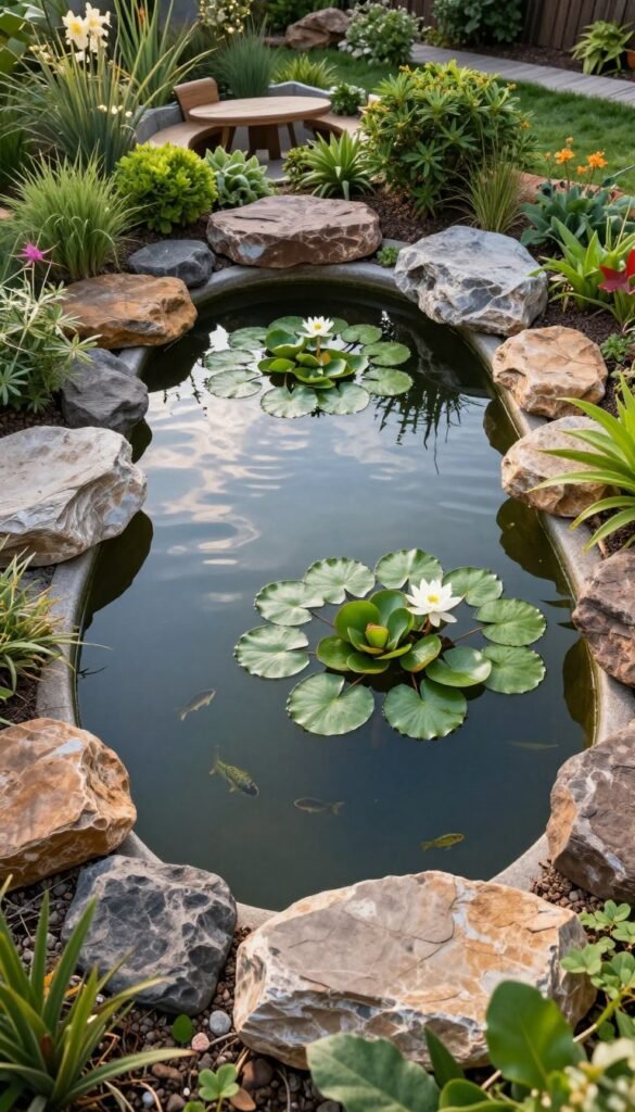 Small backyard pond with water plants, rocks, and integrated seating area