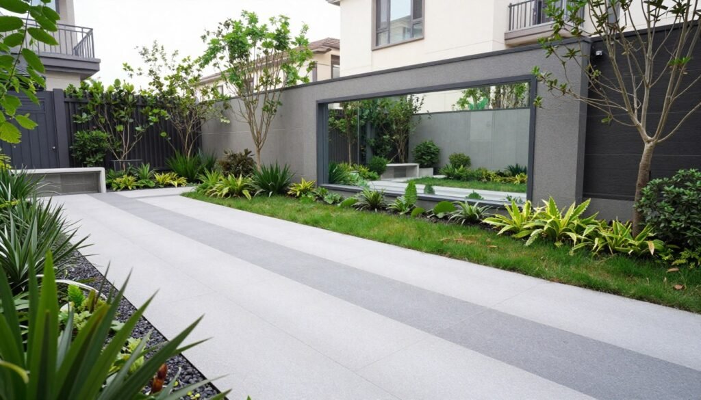 Small backyard using visual tricks like diagonal lines and mirrors to create the illusion of more space