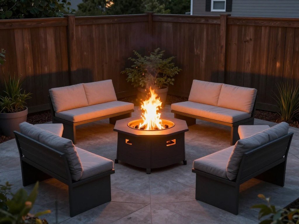 Small backyard with a compact fire pit surrounded by comfortable seating