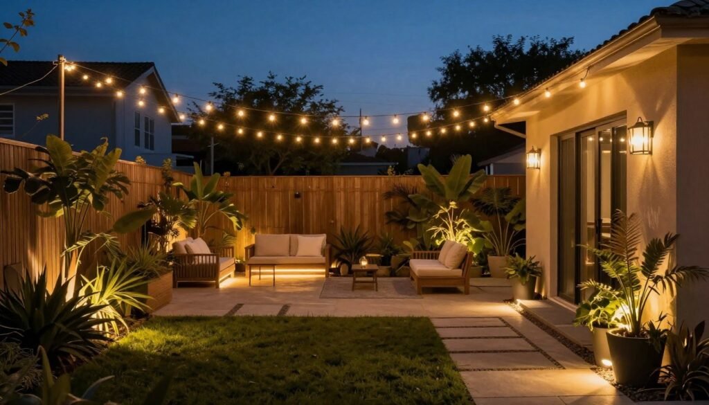 Small backyard with layered lighting including string lights, path lights, and accent lighting