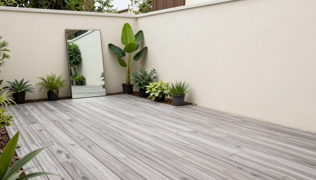 Small backyard with mirrors and diagonal paving patterns creating visual expansion