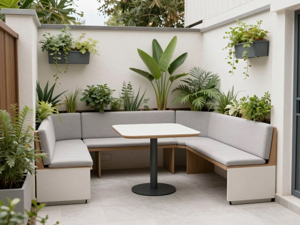Small backyard with multi-functional furniture and vertical plantings to maximize space