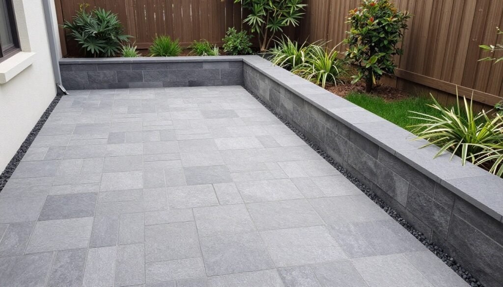 Small backyard with well-designed hardscaping including a patio, path, and retaining wall