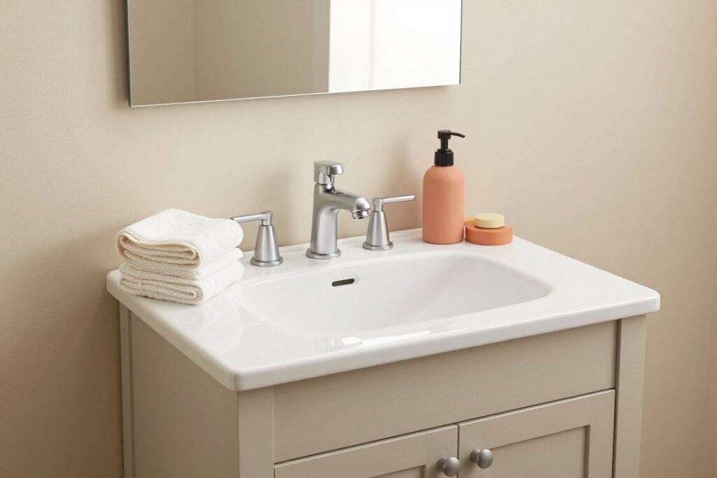 Small bathroom vanity with coordinated color scheme showing hardware, accessories, and textiles