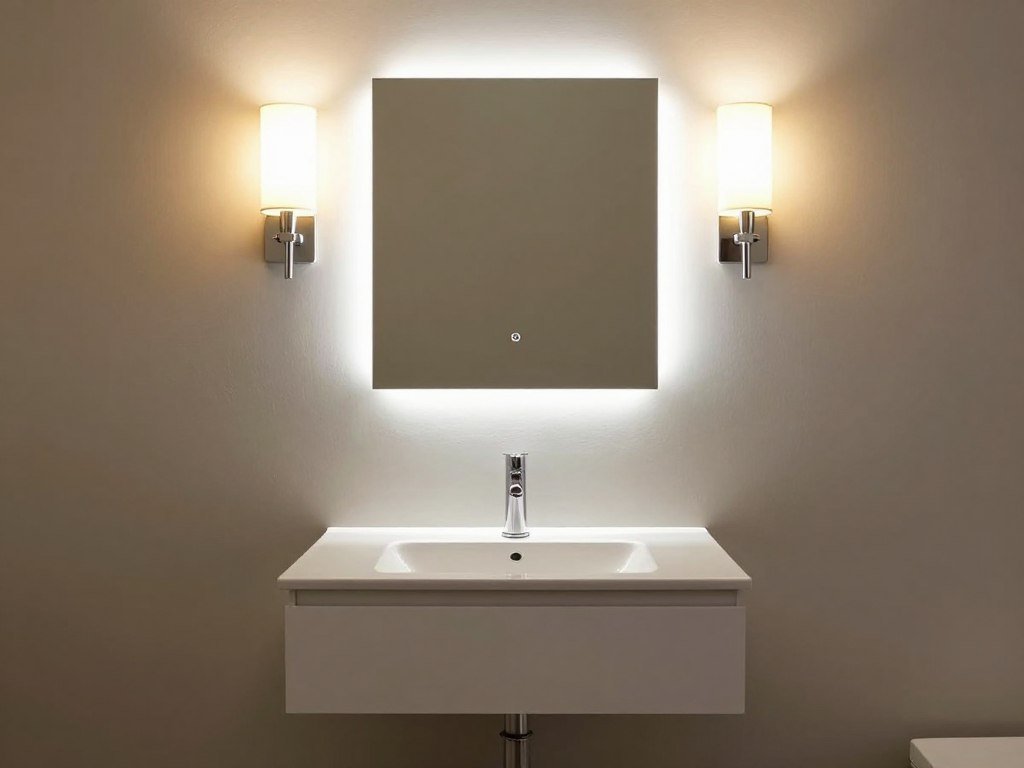 Small bathroom vanity with strategic lighting including sconces and under-cabinet lighting