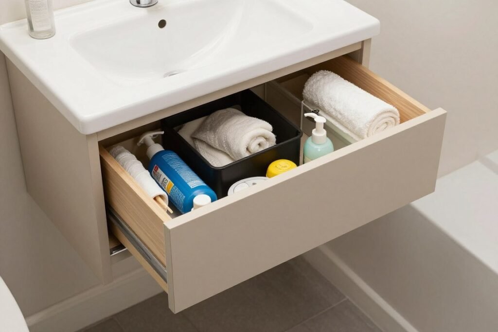 Small bathroom vanity with various storage solutions displayed