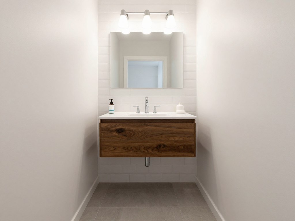 Small bathroom with floating vanity showing increased floor space and visual openness
