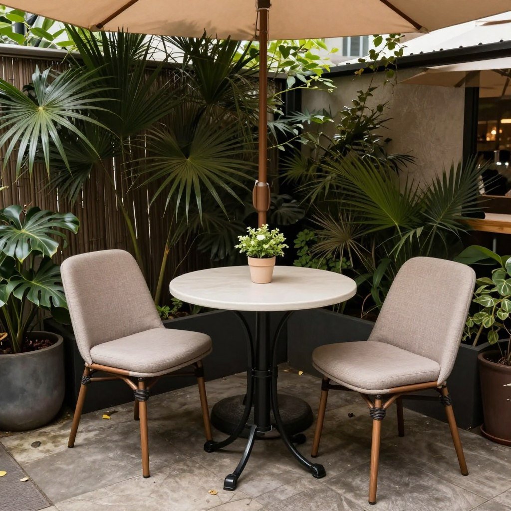Small bistro set in a cozy backyard corner perfect for morning coffee