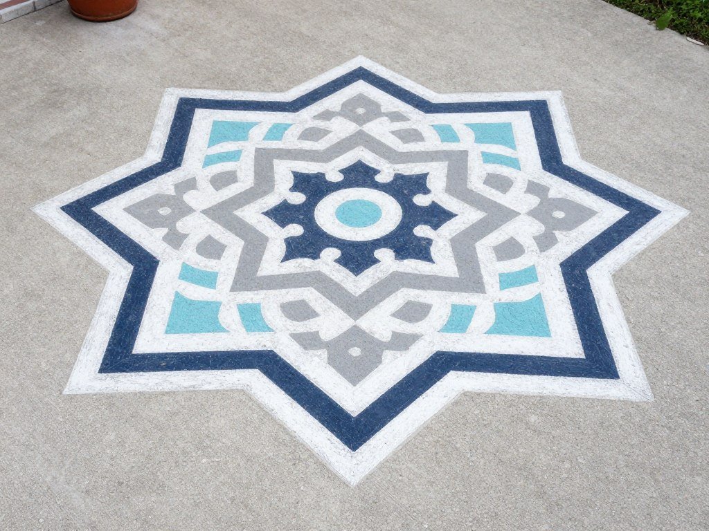 Small concrete patio with stenciled geometric pattern in bold colors