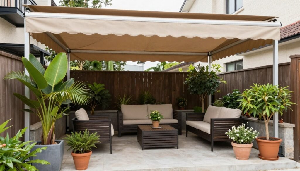 Small covered patio with retractable awning and weather-resistant furniture