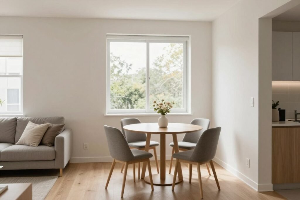 Small dining area positioned near a window in a small living room