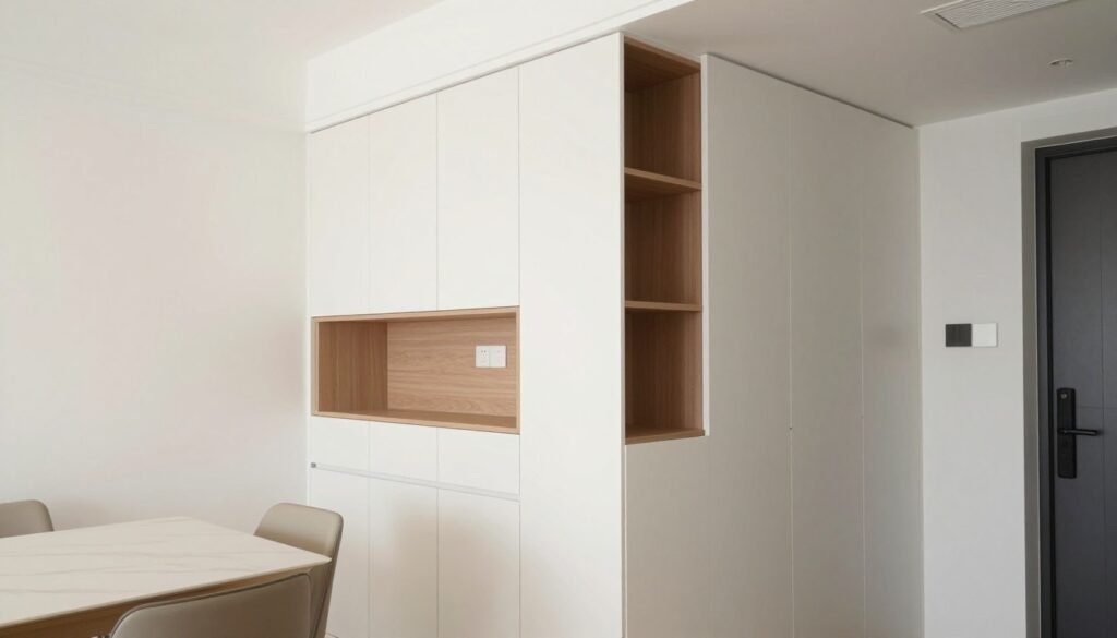 Small dining area with space-saving built-in buffet cabinet solution