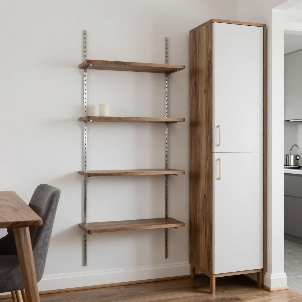 Small dining area with vertical storage solutions