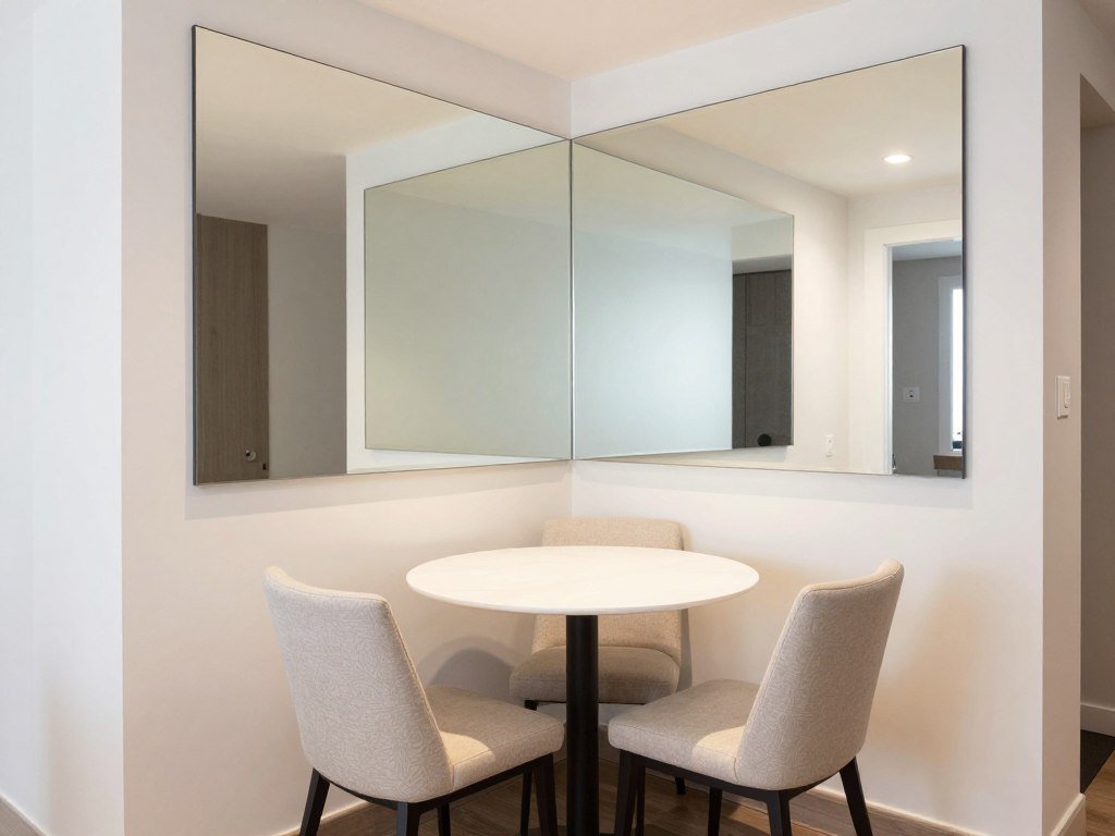Small dining nook with a mirror-accented wall that creates the illusion of more space, light furniture, and minimal decor
