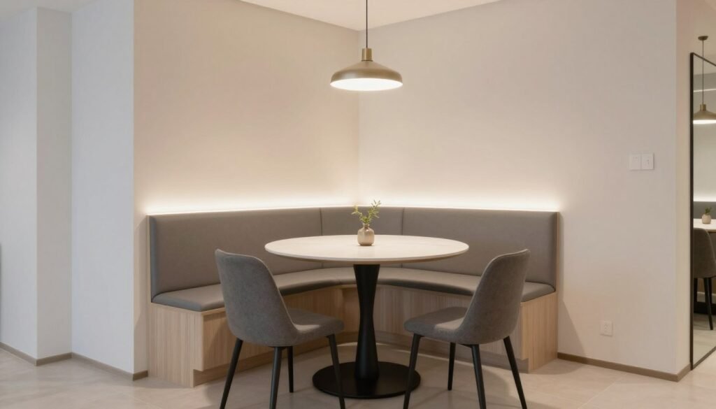 Small dining nook with round table, built-in bench, and space-saving solutions