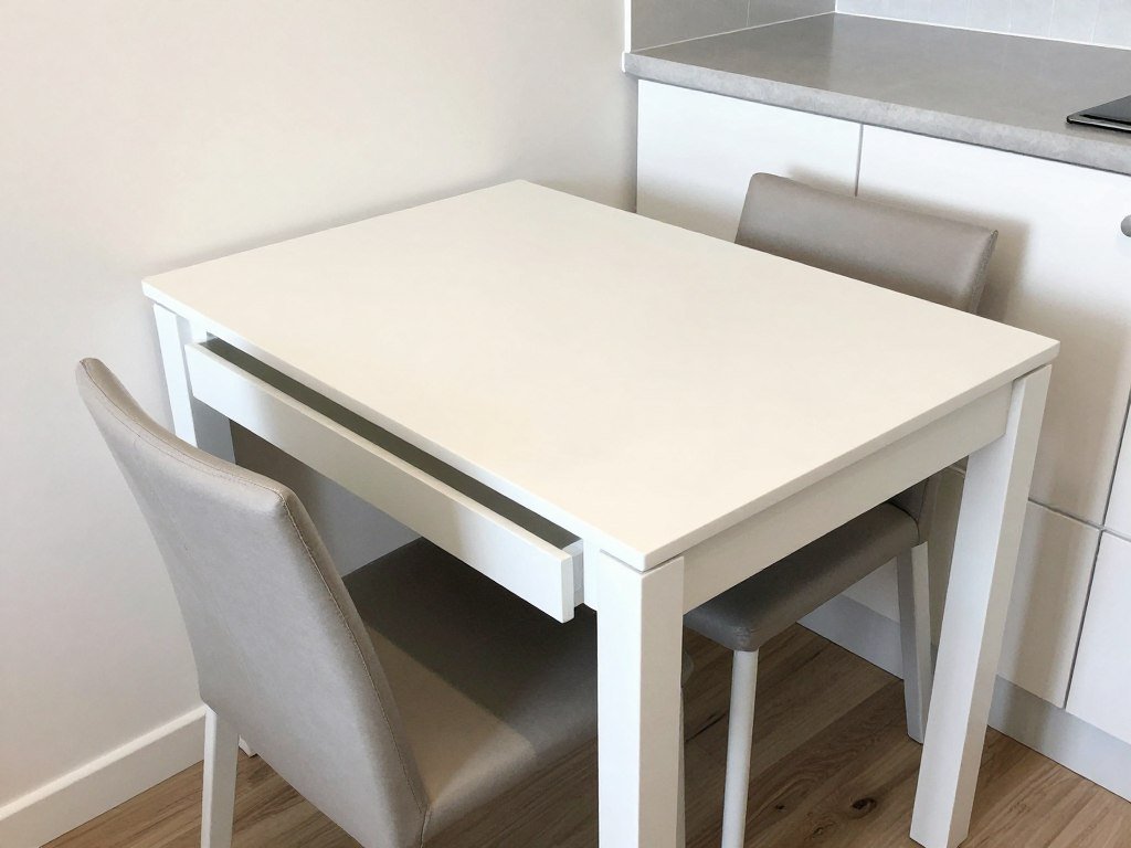 Small dining table with built-in storage in a compact apartment kitchen