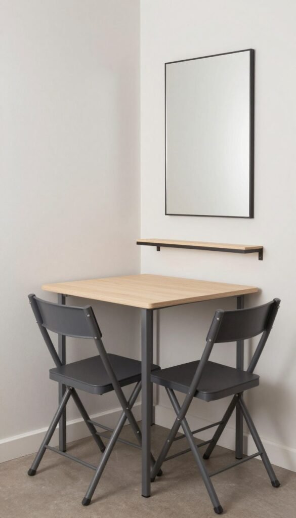 Small dining table with folding chairs and multi-functional storage solutions