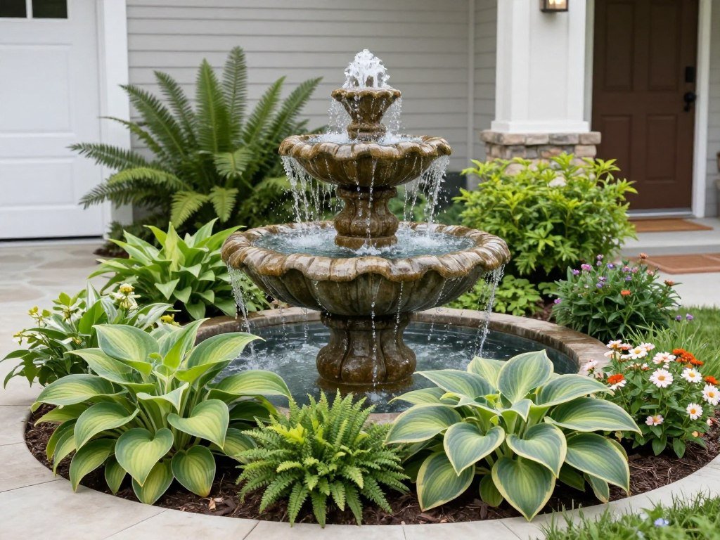 Small front yard fountain surrounded by lush plantings