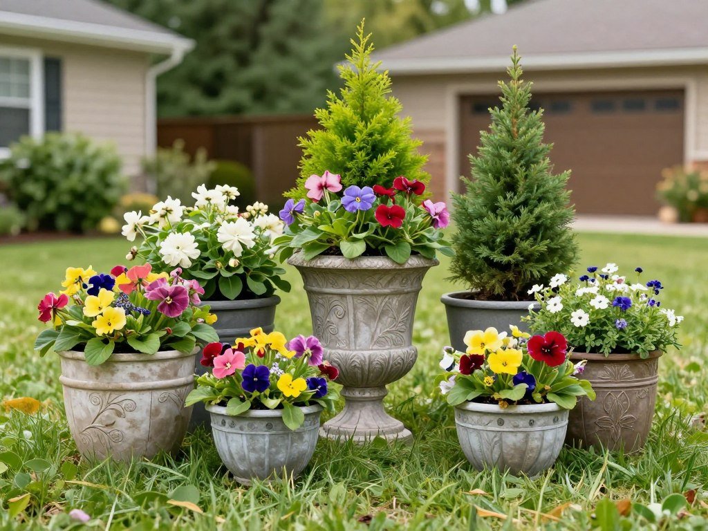 Small front yard with container garden featuring colorful annuals and dwarf shrubs