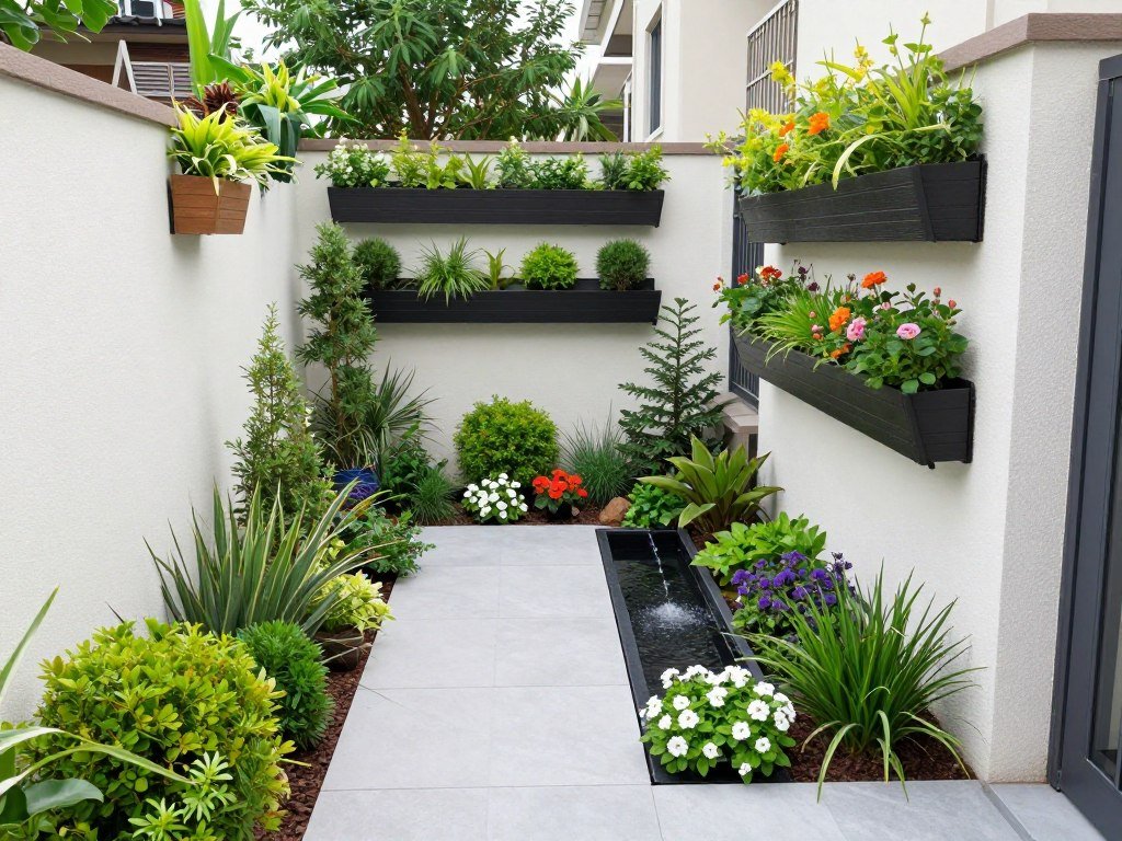 Small front yard with vertical elements and compact plantings
