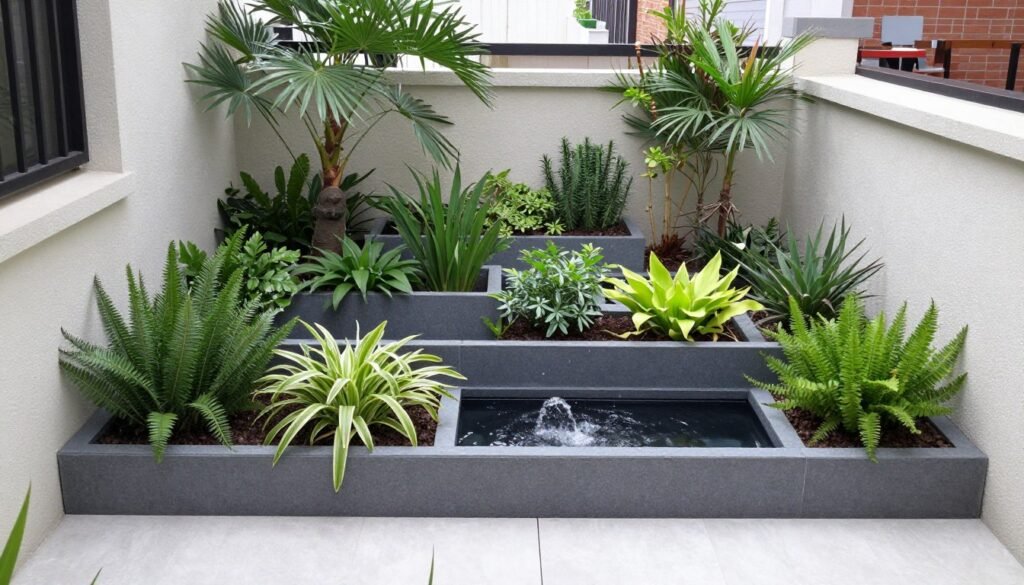 Small front yard with vertical garden elements and container plantings