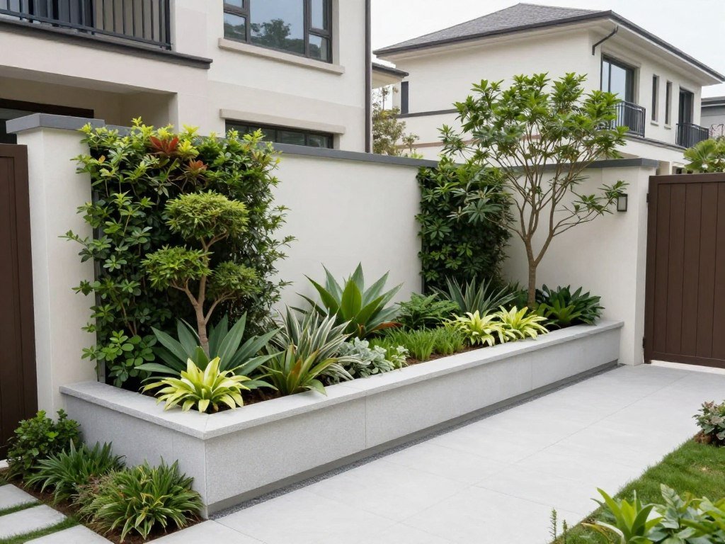 Small front yard with vertical gardening elements, container gardens, and space-saving design