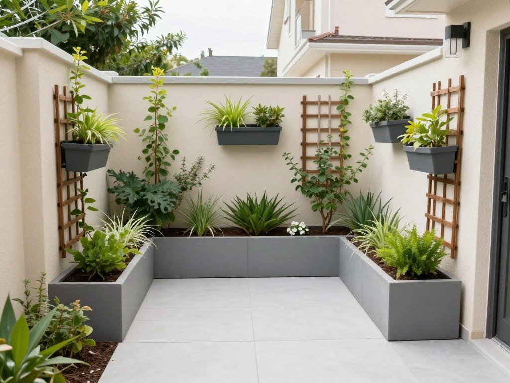 Small front yard with vertical gardening elements, container plants, and space-efficient design features