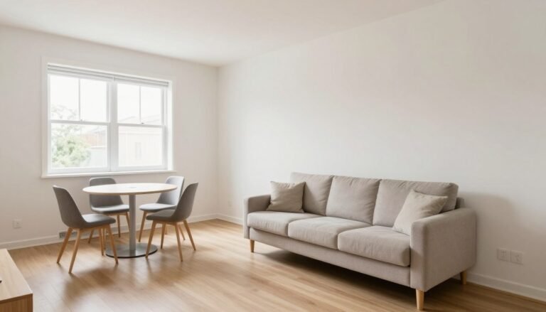 Small living room with dining area featuring a sofa as room divider