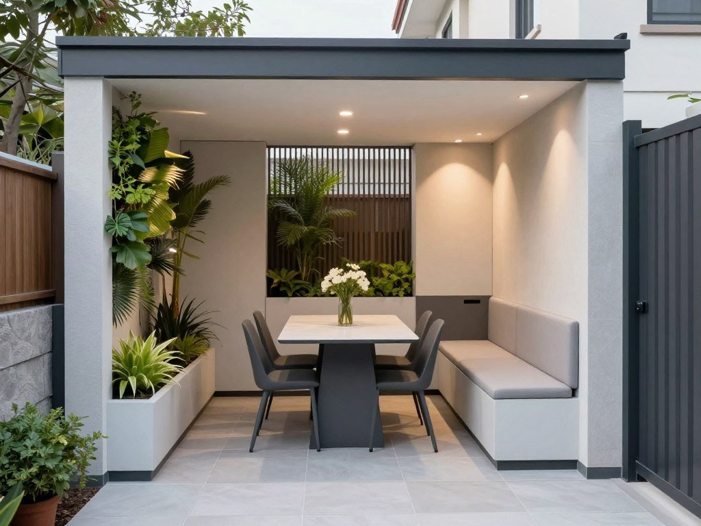Small modern backyard with multi-functional zones and vertical elements maximizing limited space