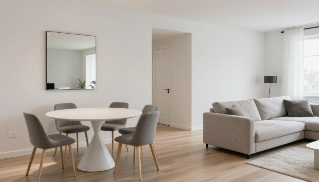 Small open layout living room dining room with smart space-saving furniture and visual tricks to maximize space