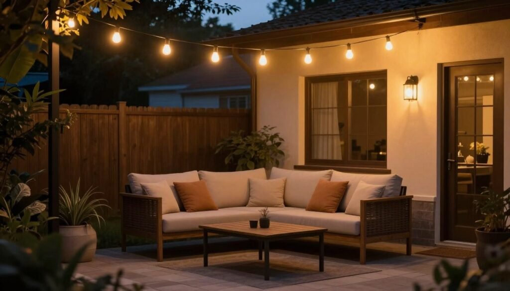 Small patio at dusk with string lights creating a magical atmosphere