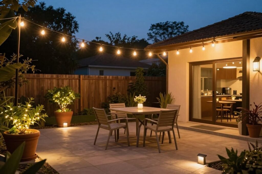 Small patio at dusk with string lights creating a warm glow over a dining area with potted plants