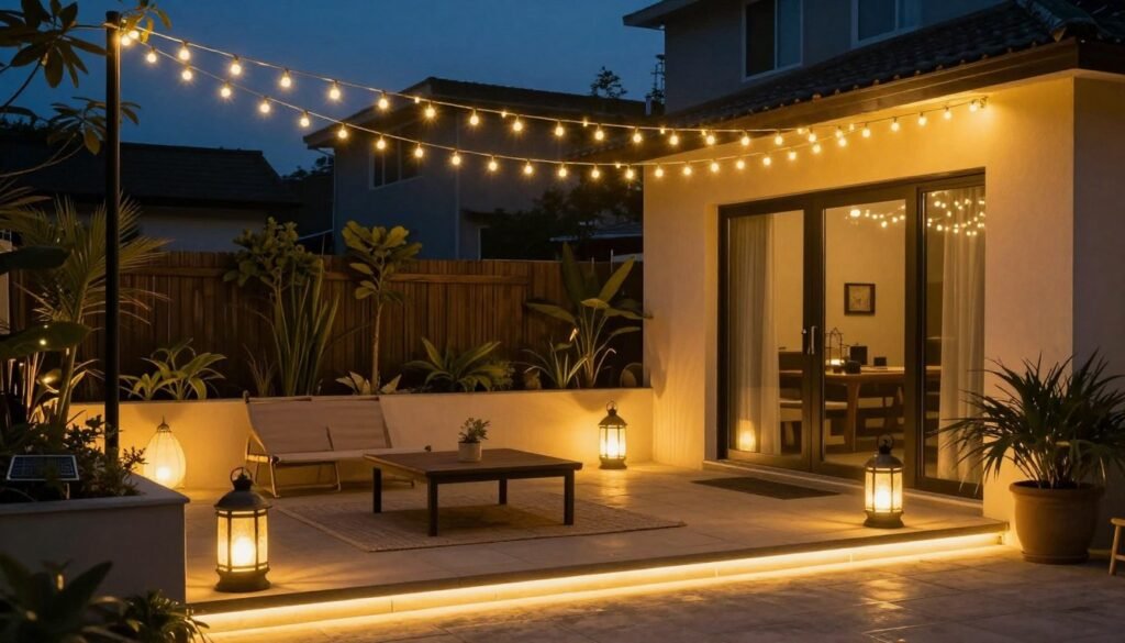Small patio at dusk with string lights, lanterns, and solar path lights