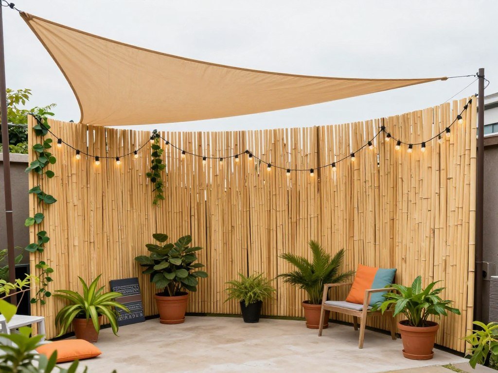 Small patio with a DIY bamboo privacy screen and canvas shade sail providing protection from sun and neighbors