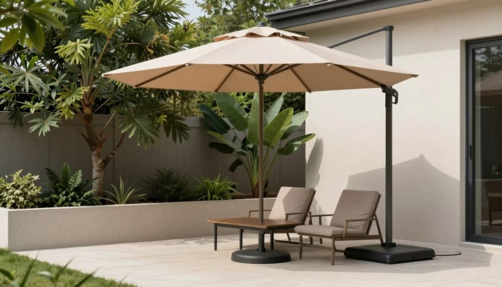 Small patio with a cantilever umbrella providing shade over a seating area