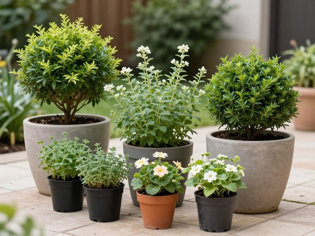 Small patio with a variety of container plants including herbs, flowers, and compact shrubs
