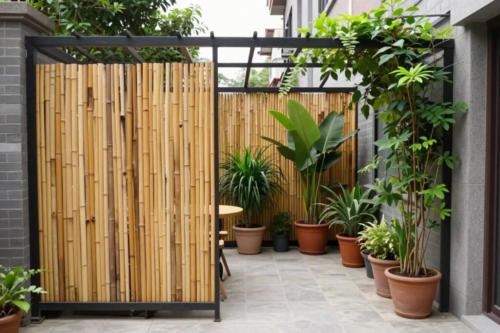 Small patio with bamboo privacy screen and climbing plants creating seclusion