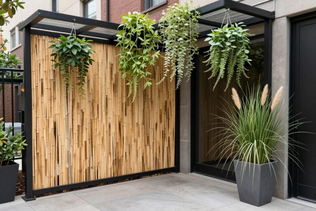 Small patio with bamboo privacy screen and hanging plants creating a secluded feel