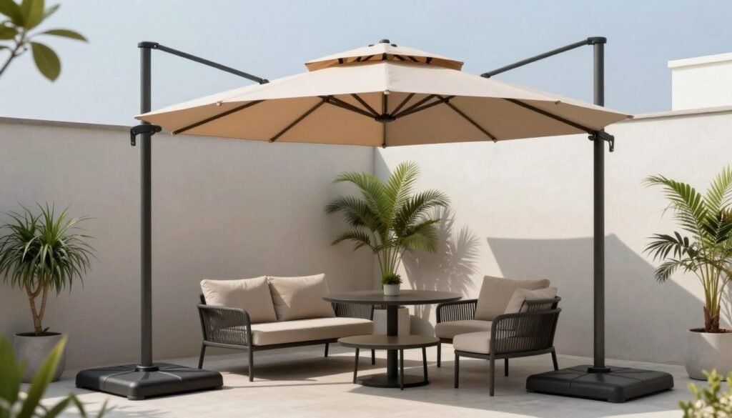 Small patio with cantilever umbrella providing adjustable shade without center pole