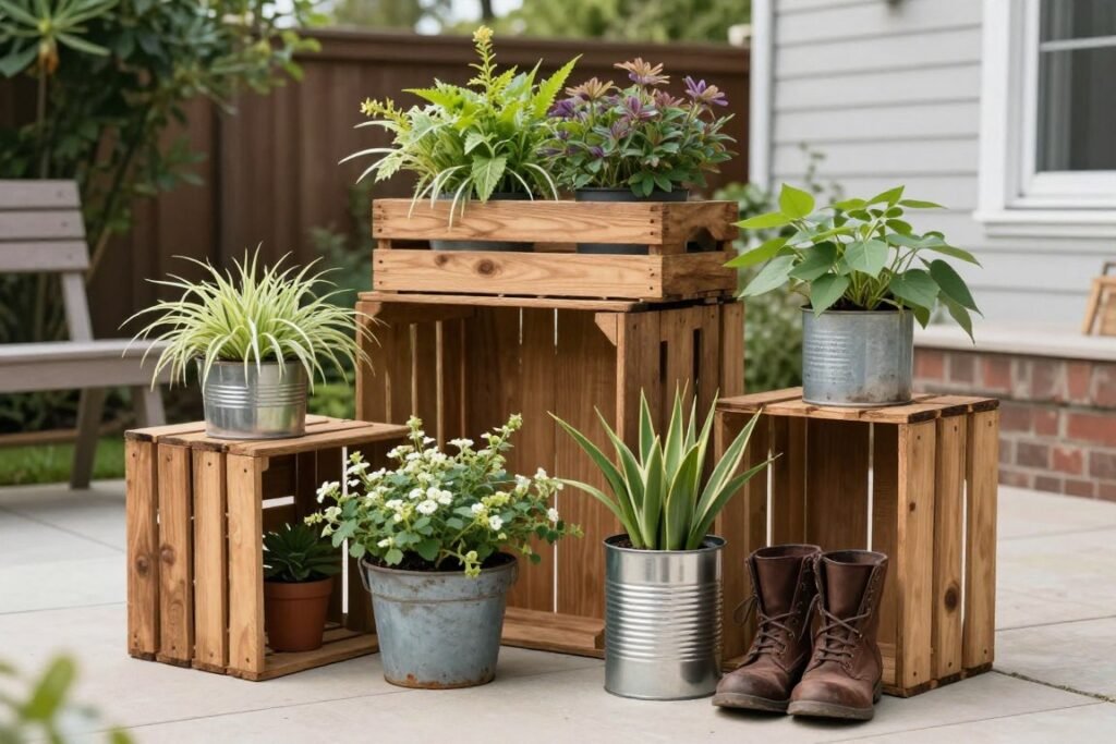 Small patio with creative DIY planters made from repurposed items