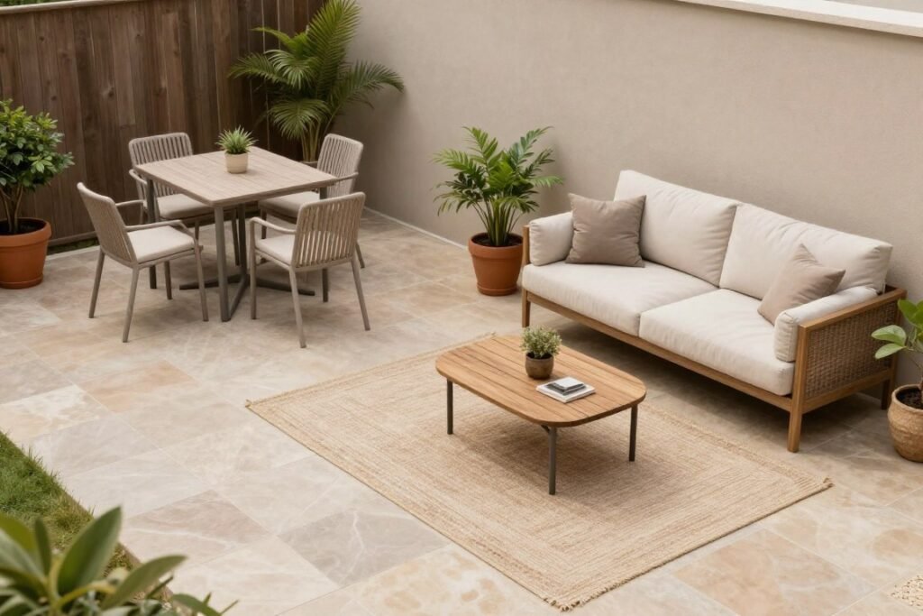 Small patio with distinct dining and lounging zones separated by an outdoor rug