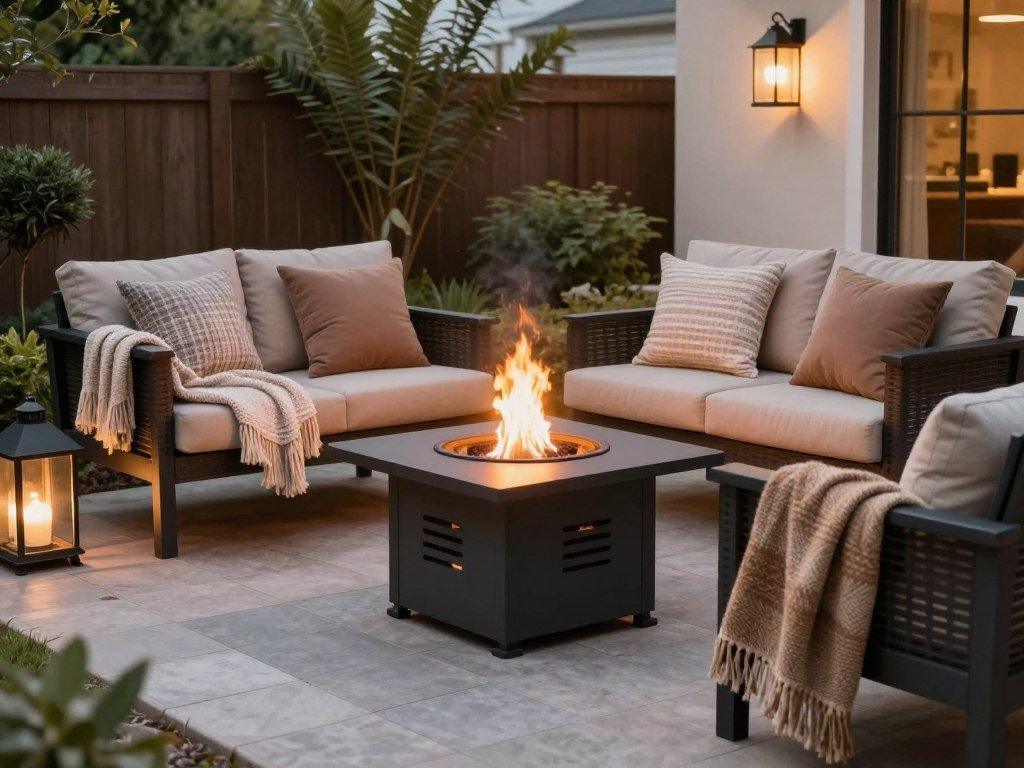 Small patio with fire pit and cozy seating for extended seasonal use