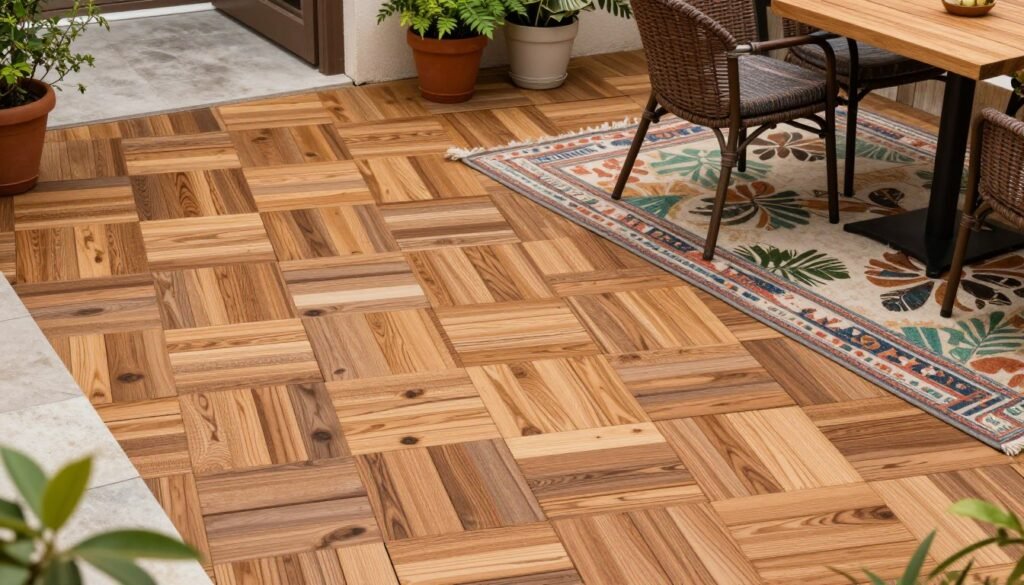 Small patio with interlocking deck tiles and an outdoor rug