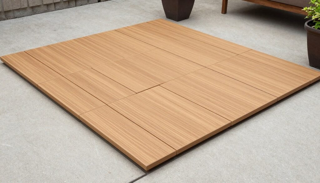 Small patio with interlocking deck tiles being installed over concrete
