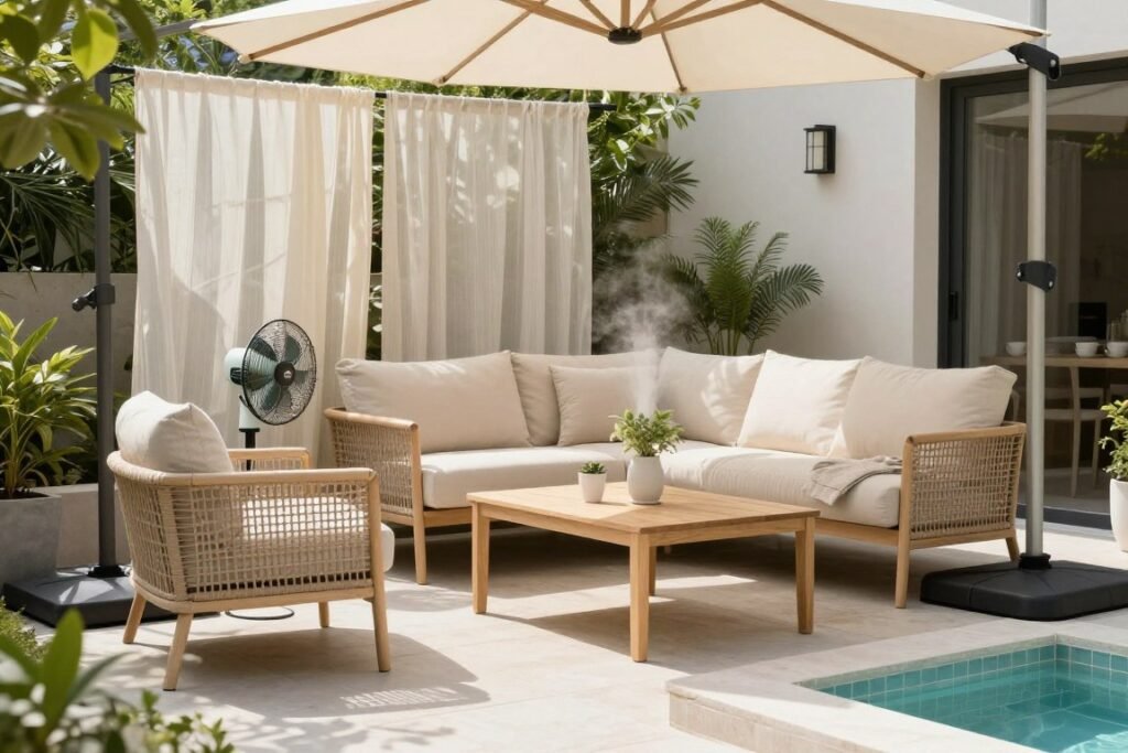 Small patio with misting system and light-colored furniture for summer comfort